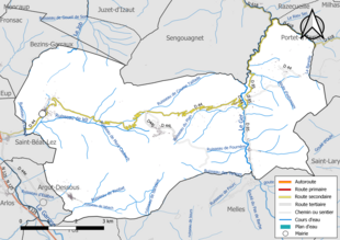 Carte en couleur présentant le réseau hydrographique de la commune