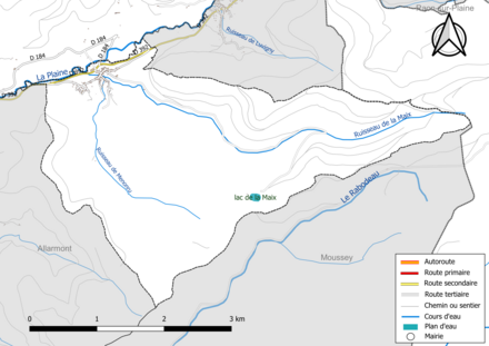 Carte en couleur présentant le réseau hydrographique de la commune