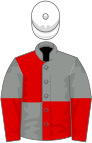 Grey and red (quartered), halved sleeves, white cap