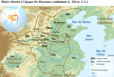 Carte montrant les frontières approximatives des royaumes en présence dans la plaine orientale de la Chine au milieu du 5e siècle avant J.-C.