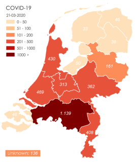 Provincies in Nederland waar het virus bij inwoners vastgesteld is (per 21 maart 2020)