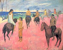 Tableau de Gauguin montrant des cavaliers et cavalières marquisiens, sur une plage de couleur rose.