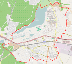 Mapa konturowa Swarzędza, blisko centrum na dole znajduje się punkt z opisem „Skansen Pszczelarski”