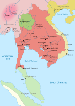 Mapa ng Timog-silangang Asya noong 900; nakapula ang Imperyong Khmer