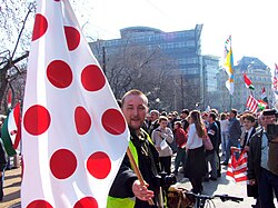 Tomcat „Árpád-pöttyös” zászlóval a Magyar Nemzeti Múzeum előtt 2007. március 15-én