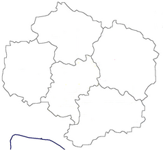 Mapa konturowa kraju Wysoczyna, po lewej nieco u góry znajduje się punkt z opisem „Buřenice”