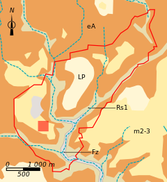 Vue d'une carte répartissant un territoire communal en grandes zones géologiques de couleurs différentes.