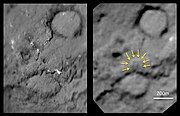 'Before and after' comparison images from Deep Impact and Stardust, showing the crater formed by Deep Impact on the right hand image.