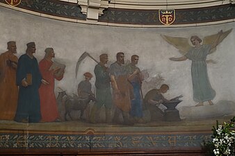 Fresco in the Chapel of the Virgin, angel with workers by Félix Villé (1904)