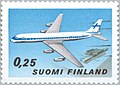 timbre à fond bleu, représentant un DC-8 blanc et bleu en vol.