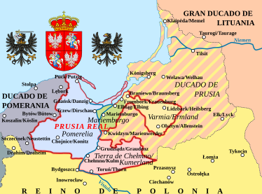 Prusia después de 1466: gris claro – Ducado de Prusia. En color – Prusia Real con sus voivodatos como provincia de la Mancomunidad Polaco-Lituana