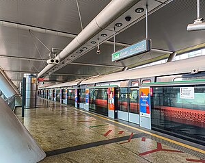 A side platform which is separated from the train with half-height platform screen doors.