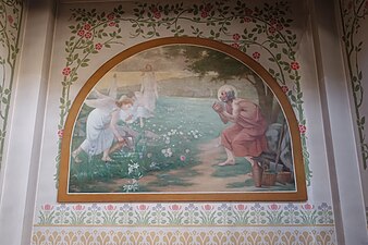 Chapel of Saint Fiacre, "The Saint with Angels". Tools of a gardener are placed beside the Saint.