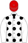 White, black spots, white sleeves, red cap