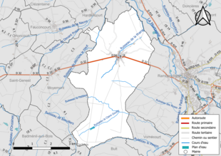 Carte en couleur présentant le réseau hydrographique de la commune