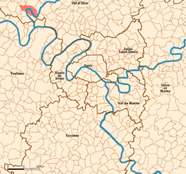 Location (in red) within Paris inner and outer suburbs