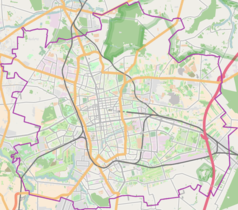 Mapa konturowa Łodzi, na dole po lewej znajduje się punkt z opisem „Nad Nerem”