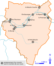 Carte matérialisant l'emplacement de moulins sur un cours d'eau.