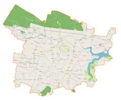 Mapa konturowa gminy Pawłów, po prawej znajduje się punkt z opisem „Parafia św. Maksymiliana Kolbe w Kałkowie-Godowie”