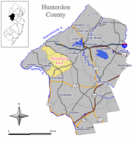 Location of Alexandria Township in Hunterdon County highlighted in yellow (right). Inset map: Location of Hunterdon County in New Jersey highlighted in black (left).