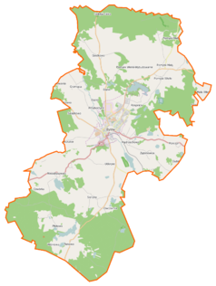 Mapa konturowa gminy Bytów, blisko górnej krawiędzi po prawej znajduje się punkt z opisem „Mechowiska Czaple”