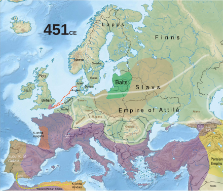 A colored drawing of Europe in 451 A.D., showing the borders of states at the time of Attila by different colors, with the Roman Empire in purple, and the Hunnic Confederation by name