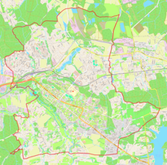 Mapa konturowa Hawierzowa, blisko centrum na lewo znajduje się punkt z opisem „MiastoMěsto”