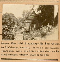 "The old Pinckneyville Post Office, in Wikinson County is over one-hundred years old - note the heavy plank door and the hand-wrought window-shutter hinges," as documented by the WPA c. 1936 (MDAH Series 443, file 73473-sb3-08)