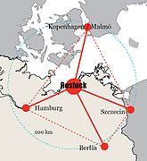 Geographical position of the regiopolis Rostock.