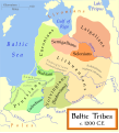 Image 36Baltic tribes around 1200, in the neighbourhood about to face the Teutonic Knights’ conversion and conquests; note that Baltic territory extended far inland. (from History of Lithuania)