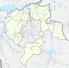 Mapa konturowa powiatu bielskiego, po prawej znajduje się czarny trójkącik z opisem „Bukowski Groń”