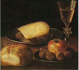 Sébastien Stoskopff, Nature morte aux fruits, fromage et pain.