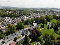 Aerial view of Vrchlabí with the Vrchlabí Castle in the middle