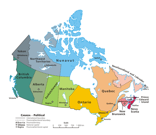 Kort over Canadas provinser og territorier