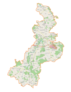 Mapa konturowa powiatu łaskiego, po prawej znajduje się punkt z opisem „Brodnia Dolna”