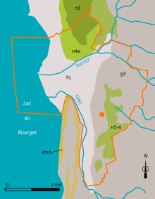 schéma en couleurs d'une carte représentant le zonage géologique d'un territoire ; légende détaillée ci-dessous.