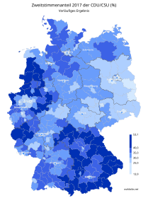 CDU/CSU ﻿ 13,9 – 25 % ﻿ > 25 – 30 % ﻿ > 30 – 35 % ﻿ > 35 – 40 % ﻿ > 40 – 53,1 %