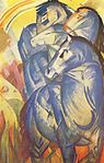 Franz Marc: Der Turm der blauen Pferde / De blå hästarnas torn (1913), olja på duk, 200x130, beslagtagen 7 juli 1937 på Kronprinzenpalais, Berlin (försäkringsvärde där 50 000 riksmark), visad på EK, avlägsnad i förtid och förd till Berlin; hos Hermann Göring 1938, efter 1945 "försvunnen".[1]