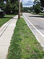 A ratty-looking Devil's Strip in suburban Greater Boston, Massachusetts. Outside of rural areas in New England, devil's strips are narrow - the one pictured is 52 in from curb to sidewalk. They are usually not maintained by the municipality, but rather by the property owner, and are used primarily to provide space for utility poles.