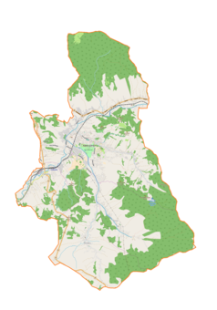 Mapa konturowa gminy Rabka-Zdrój, na dole znajduje się punkt z opisem „źródło”, natomiast blisko centrum na dole znajduje się punkt z opisem „ujście”