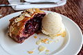 Cherry strudel served with ice cream