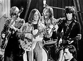 Eric Clapton, John Lennon as Winston Leg-Thigh, Mitch Mitchell and Keith Richards during filming in December 1968