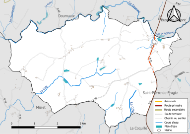 Carte en couleur présentant le réseau hydrographique de la commune