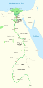 Map of ancient Egypt, showing major cities and sites of the Dynastic period (c. 3150 BC to 30 BC)