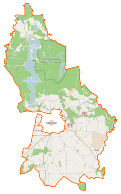 Mapa konturowa gminy wiejskiej Chojnice, po lewej znajduje się punkt z opisem „Charzykowy”