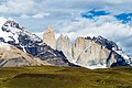 View from the National Park Reception to Torres del Paine: Torre Sur, Torre Central, Torre Notre, Nido de Condores. Chile. December 2016.