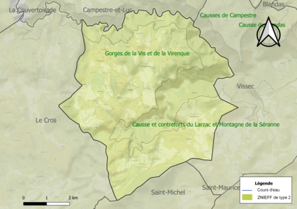 Carte des ZNIEFF de type 2 sur la commune.