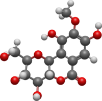 Chemical structure of bergenin in ball-and-stick format