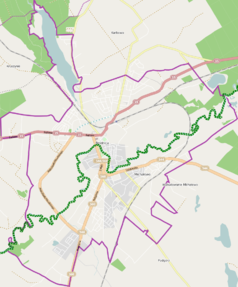 Mapa konturowa Brodnicy, w centrum znajduje się punkt z opisem „Parafia św. Katarzynyw Brodnicy”