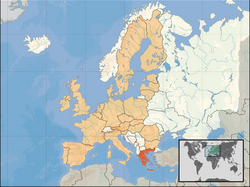 Location of Greece (orange) – in Europe (tan & white) – in the European Union (tan)  [Legend]